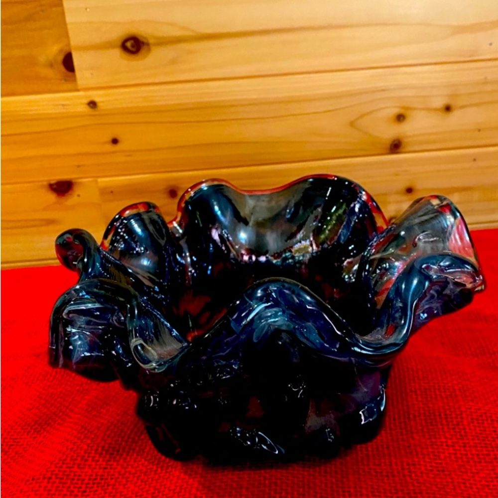 Vintage Lavorazione Murano Smokey Blue Glass Ruffled Edge Bowl.